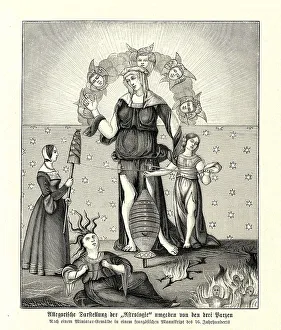 Allegorical representation of astrology surrounded by the three parzen