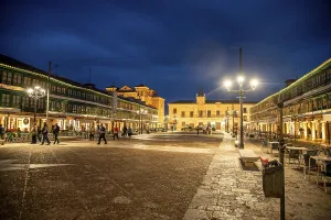 Almagro, Ciudad Real - Spain - 10-08-2024: Wide-angle view of Plaza Mayor Almagro at night