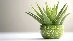 Aloe vera plant in a small patterned green pot with a soft background