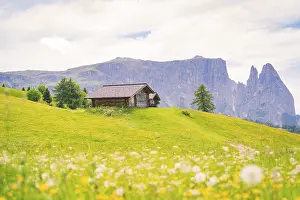 Alpine hut on a green meadow in front of a mountain range under a blue sky