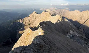 Alpine panorama, aerial view, Zugspitze with Jubilaeumsgrat at sunset
