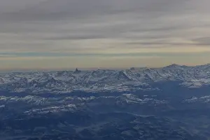 Alpine panorama at dusk, aerial view