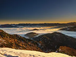Alpine panorama at sunrise in winter