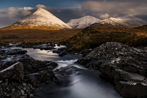 Category Mountain Landscapes Prints: AltDearg Mor with snow-covered peaks of the Cullins Mountains in Highland landscape