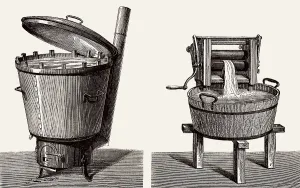 Alte Waschmaschine und Waeschemangel oder Wringer