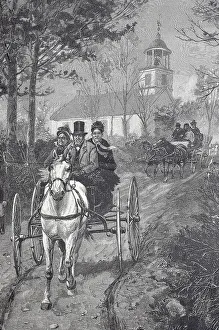 American farmer family on the drive home with the horse-drawn carriage after visiting the church