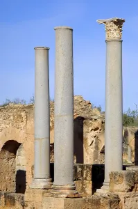 Ancient columns in the ruins of the Roman City Leptis Magna
