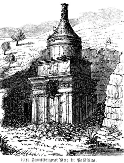 Ancient family tomb near Jerusalem, carved into the rock face, so-called rock tomb, domed building with columns, mountainside, Israel, Palestine, history of mankind, historical illustration 1880, Asia
