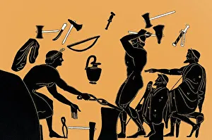 Ancient Greek armourers, black-figure pottery painting