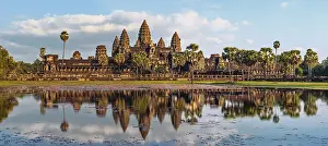 Ancient Khmer architecture. Panorama view of Angkor Wat temple at sunset