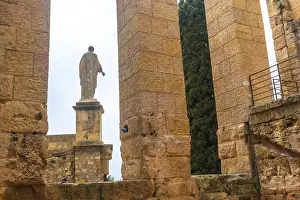 Ancient roman ruins with a statue and cypress tree in tarragona