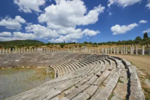 Ancient stadium with rows of seats and wild grass under a cloudy sky