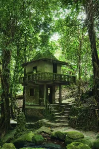 An ancient stone house surrounded by dense and overgrown forest