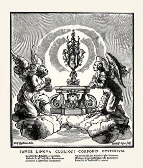 Two angels praying in front of a monstrance