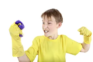 Angry Kid with Bath Sponge and Rubber Gloves Isolated On The White Background