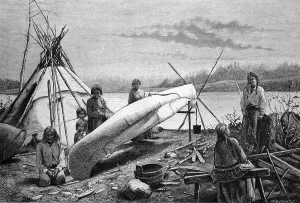 Anishinabe or Chippewa Indians repairing a boat