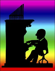 Anton Bruckner playing organ, Silhouette print by Hans Schliessmann