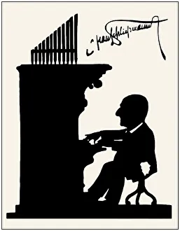 Anton Bruckner playing organ, Silhouette print by Hans Schliessmann
