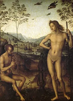 Apollo and Marsyas, Marsyas, originally god of the river of the same name and Apollo also Apollo