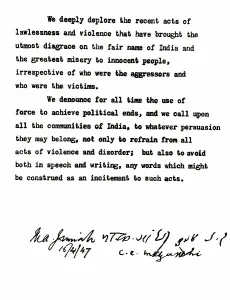 Appeal for peace signed by Muhammad Ali Jinnah Mahatma Gandhi, Delhi, India, Asia, April 15, 1947, Asia
