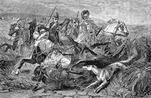 Arabian boar hunters, historical wood engraving