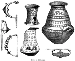 Archaeological Etruscan finds from the cemetery of the Villanove estate near Bologna, and figuratively decorated vases, jewellery, tools and clay vessels, many made of iron, Italy, History of mankind, historical illustration 1880, Europe