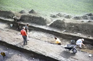 Archaeological excavation of a Neolithic causewayed enclosure, Great Wilbrahim, Cambridgeshire, England, UK 1976