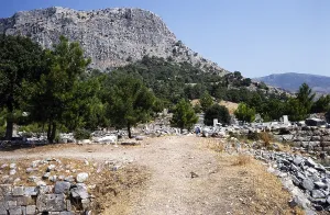 Archaeological excavation site Ruins of the ancient Greek city of Priene, Turkey, below the steep slope of Mount Mycale, 1997, Asia