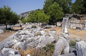 Archaeological excavation site Ruins of the ancient Greek city of Priene, Turkey, 1997 Agora and colonnade, Asia