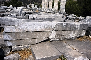 Archaeological excavation site Ruins of the ancient Greek city of Priene, Turkey, 1997 Inscription by the people for Athena, Asia