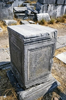 Archaeological site Ruins of the ancient Greek city of Priene, Turkey, 1997 Greek inscription on a monument in the Agora, Asia