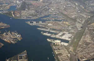 Arial view of the city of rotterdam from plane above the netherlands