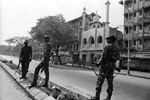 Army personnel & armed police deployed at Beharampada Bandra to prevent rioting after religious fundamentalists demolished the Babri Masjid in Ayodhya in Uttar Pradesh on 6/12/ 1992, The rioting continued till Jan1993 in Bombay Mumbai, Maharashtra