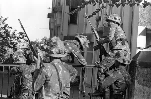 Army personnel & armed police deployed at Beharampada Bandra to prevent rioting after religious fundamentalists demolished the Babri Masjid in Ayodhya in Uttar Pradesh on 6/12/ 1992, The rioting continued till Jan1993 in Bombay Mumbai, Maharashtra