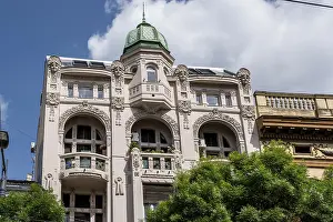 Art Nouveau facade with green domed tower in the centre of Belgrade