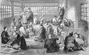 Art school, men in a painting school in Japan in 1869