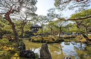 Artfully designed Japanese garden with pond and silver pavilion ginkaku