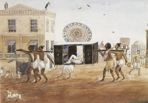 Artist being carried in box palanquin with writer's buildings beyond, Calcutta, West Bengal, India, As ia
