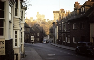 Arundel Castle and town street, West Sussex, England, UK 1959