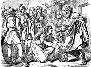 Framed Print : Ascha kneels in front of her father Caleb and said Framed Print : Ascha kneels in front of her father Caleb and said