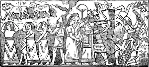 Assyrian warriors taking a fortress and leading the prisoners away