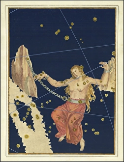 Astronomy. The Celestial Atlas, the Uranometria, Ptolemaic constellations, by Johann Bayer (1572 - 7 March 1625), German astronomer, Andromeda, constellation of the northern night sky, digitally enhanced reproduction of a historical model