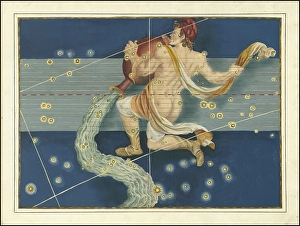 Astronomy. The celestial atlas, the Uranometria, Ptolemaic constellations, by Johann Bayer (1572 - 7 March 1625), German astronomer, Aquarius, Aquarius, constellation of the ecliptic, digitally enhanced reproduction of a historical model