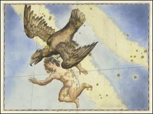 Astronomy. The celestial atlas, the Uranometria, Ptolemaic constellations, by Johann Bayer (1572 - 7 March 1625), German astronomer, Aquila, eagle, prominent constellation of the northern summer and autumn sky