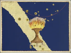 Astronomy. The celestial atlas, the Uranometria, Ptolemaic constellations, by Johann Bayer (1572 - 7 March 1625), German astronomer, Ara, altar, constellation of the southern sky, digitally enhanced reproduction of a historical model
