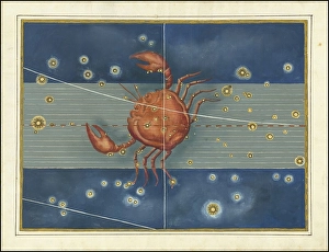 Astronomy. The Celestial Atlas, the Uranometria, Ptolemaic constellations, by Johann Bayer (1572 - 7 March 1625), German astronomer, Cancer, Cancer, a constellation on the ecliptic, digitally enhanced reproduction of a historical model