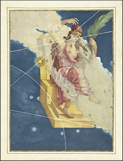 Astronomy. The Celestial Atlas, the Uranometria, Ptolemaic constellations, by Johann Bayer (1572 - 7 March 1625), German astronomer, Cassiopeia, Cassiopeia, constellation of the northern sky, digitally enhanced reproduction of a historical model