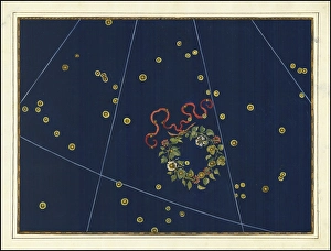 Astronomy. The celestial atlas, the Uranometria, Ptolemaic constellations, by Johann Bayer (1572 - 7 March 1625), German astronomer, Corona Borealis, northern crown, digitally enhanced reproduction of a historical model