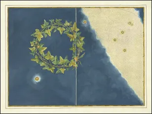 Astronomy. The celestial atlas, the Uranometria, Ptolemaic constellations, by Johann Bayer (1572 - 7 March 1625), German astronomer, Corona Meridionalis, southern crown, digitally enhanced reproduction of a historical model
