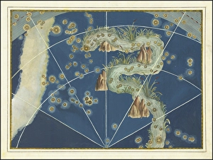 Astronomy. The Celestial Atlas, the Uranometria, Ptolemaic constellations, by Johann Bayer (1572 - 7 March 1625), German astronomer, Eridanus, constellation south of the celestial equator, digitally enhanced reproduction of a historical model